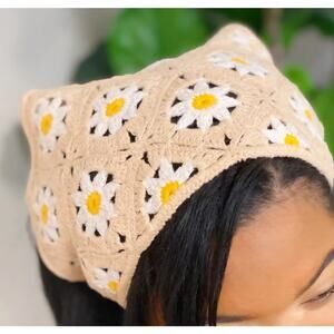 Handmade Upcycled Crochet Hippie Daisy Bandana , Trimmed in fringe vintage lace